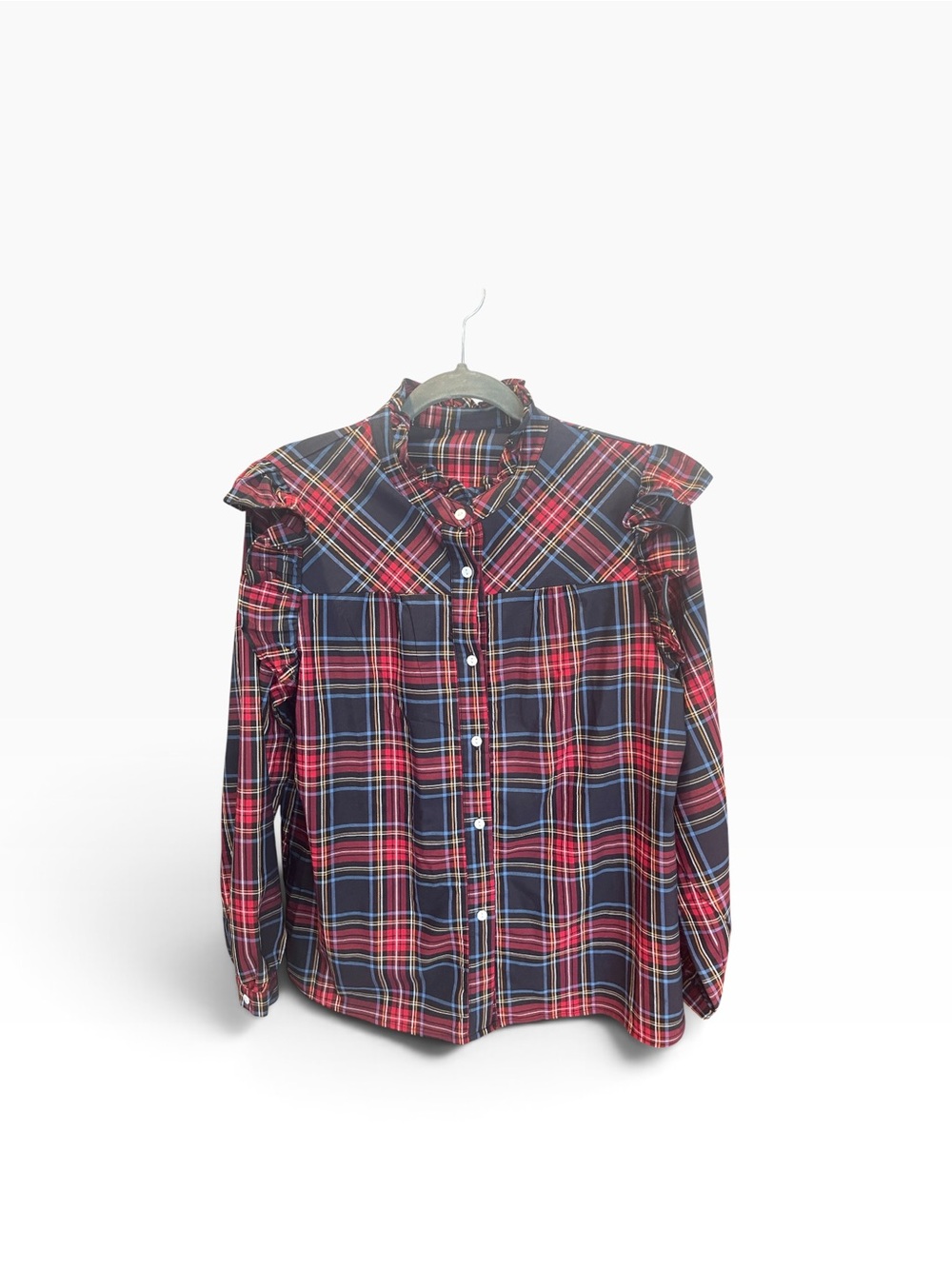 Women’s Navy and Red Plaid Prep Ruffle-Shoulder Button-Down Shirt